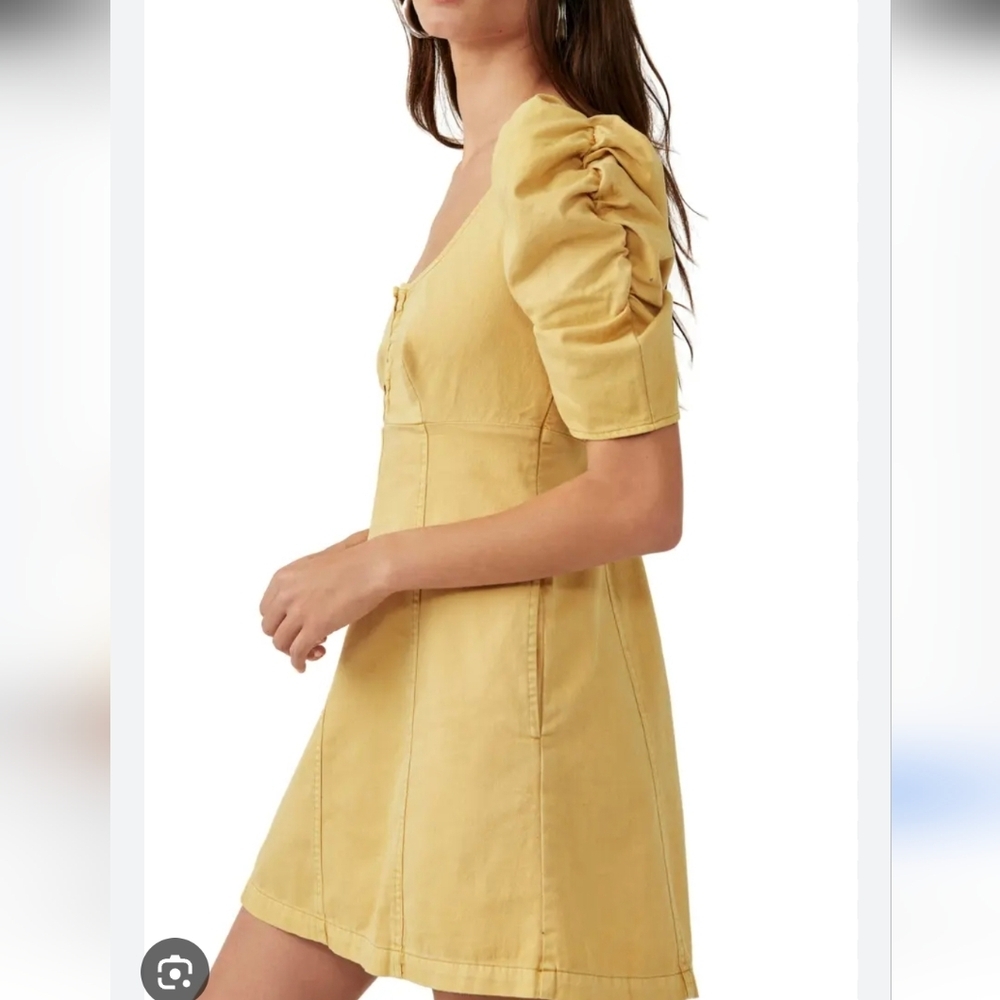 Free People Cheyenne Denim Mini Dress Babydoll Smocked Pockets Puffer Sleeve S